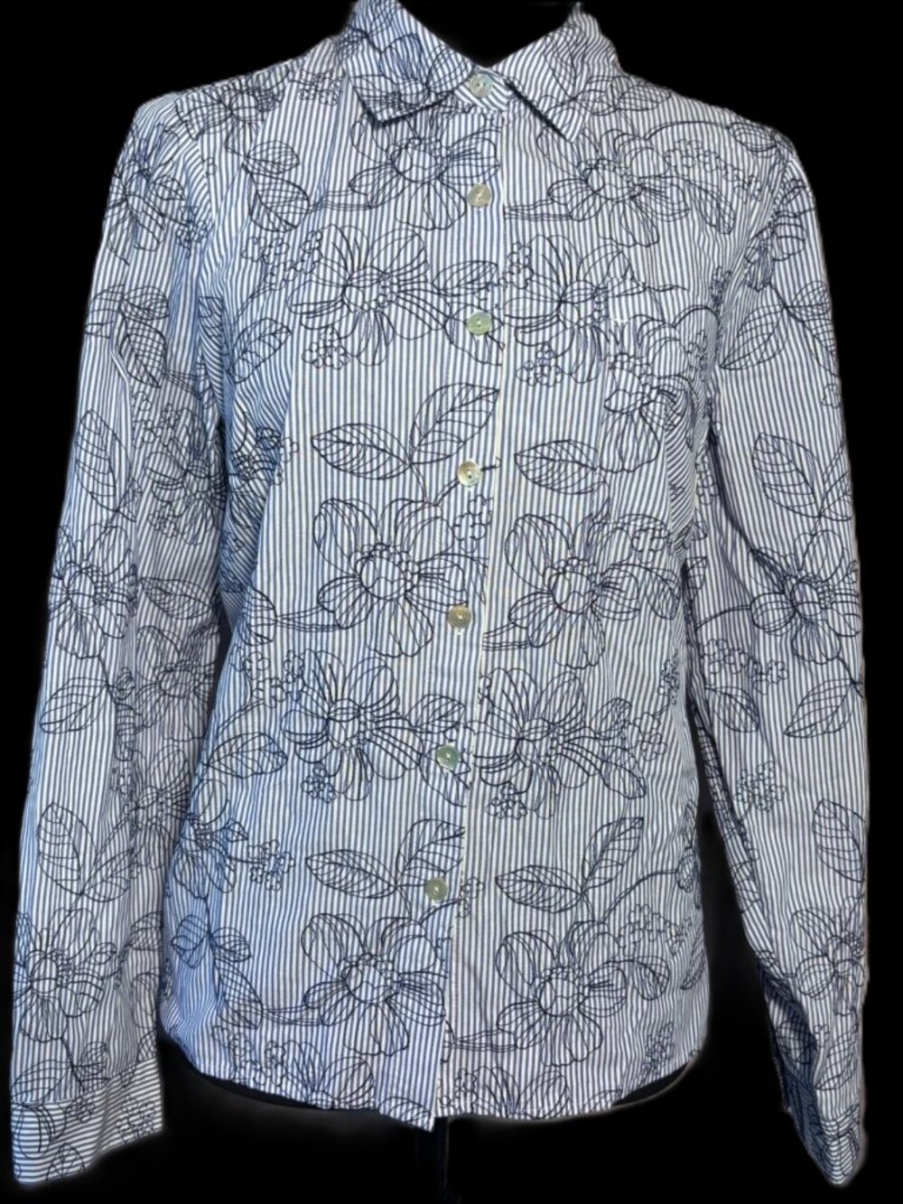Striped Embroidered Floral Cotton Blouse Coastal Beach Casual Travel School Work
